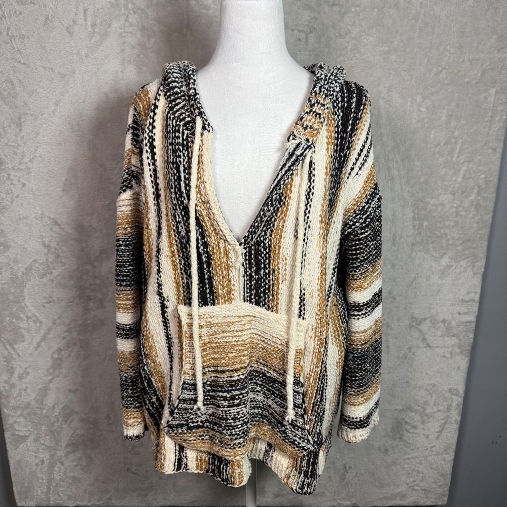 POL FST95 Womens M Striped Baja Hoodie Sweater Sweatshirt Boho Soft Brown White
